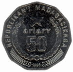 Back: 50 Ariary Coin: (250 Malagasy Franc...