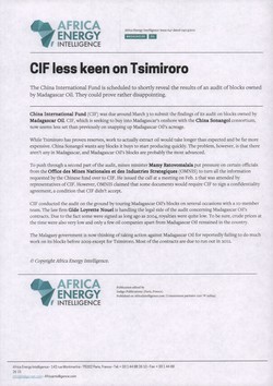 CIF less keen on Tsimiroro: Article from Africa Energy Intelligence, Issue 647, 9 March 2011