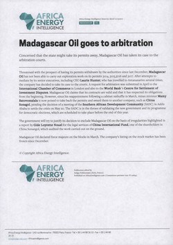 Madagascar Oil goes to arbitration: Article from Africa Energy Intelligence, Issue 651, 11 May 2011