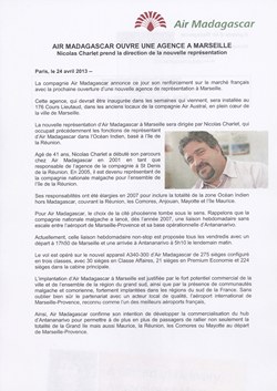 Air Madagascar ouvre une agence à Marseille: Air Madagascar Press Release, 24 April 2013