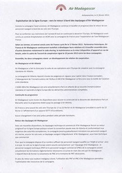 Exploitation de la ligne Europe : vers le retour à bord des équipages d'Air Madagascar: Air Madagascar Press Release, 21 February 2013