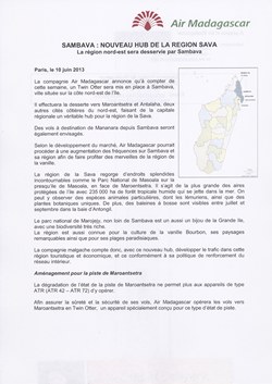 Sambava : nouveau hub de la région SAVA: Air Madagascar Press Release, 10 June 2013