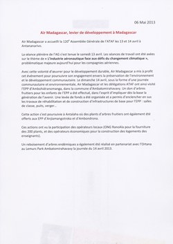 Air Madagascar, levier de développement à Madagascar: Air Madagascar Press Release, 6 May 2013