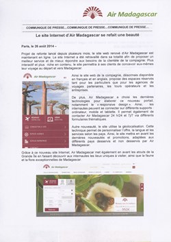 Le site Internet d'Air Madagascar se refait une beauté: Air Madagascar Press Release, 26 August 2014