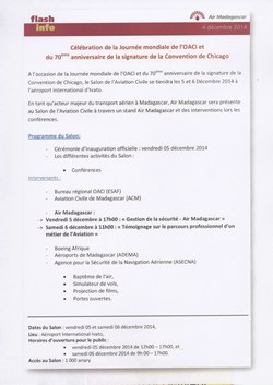 Célébration de la Journée mondiale de l'OACI et du 70ème anniversaire de la signature de la Convention de Chicago: Air Madagascar Press Release, 4 December 2014