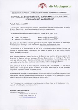Partez à la decouverte du sud de Madagascar à prix doux avec Air Madagascar: Air Madagascar Press Release, 4 December 2014
