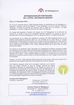 Air Madagascar partenaire de L'hôtel Antsanitia Resort: Air Madagascar Press Release, 17 December 2014