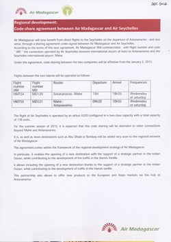 Regional development: Code-share agreement between Air Madagascar and Air Seychelles: Air Madagascar Press Release, December 2014