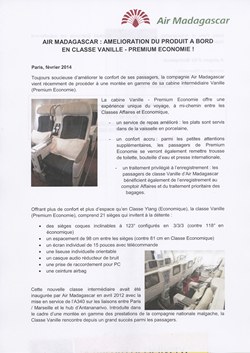 Air Madagascar : amélioration du produit à bord en classe vanille - premium économie!: Air Madagascar Press Release, February 2014