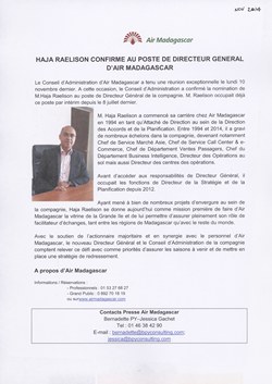 Haja Raelison confirme au poste de Directeur Général d'Air Madagascar: Air Madagascar Press Release, November 2014