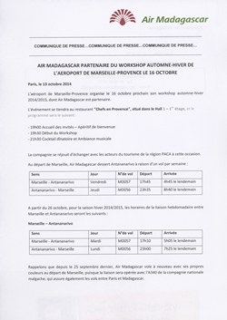 Air Madagascar partenaire du workshop automne-hiver de l'Aéroport de Marseille-Provence le 16 octobre: Air Madagascar Press Release, 13 October 2014