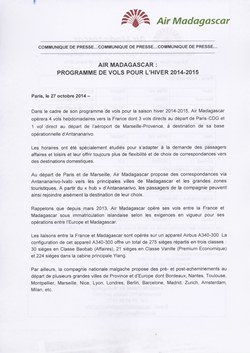 Air Madagascar : programme de vols pour l'hiver 2014-2015: Air Madagascar Press Release, 27 October 2014