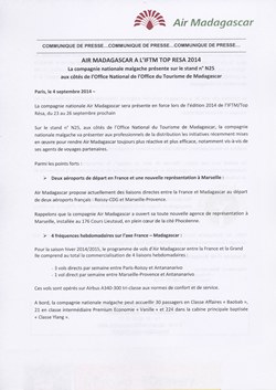 Air Madagascar à l'IFTM Top Resa 2014: Air Madagascar Press Release, 4 September 2014