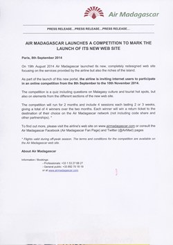 Air Madagascar launches a competition to mark the launch of its new web site: Air Madagascar Press Release, 8 September 2014