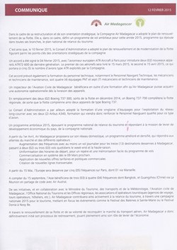 Air Madagascar: Communique de Presse: Air Madagascar Press Release, 12 February 2015