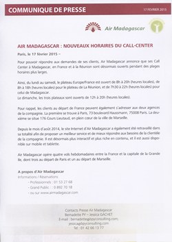 Air Madagascar : nouveaux horaires du call-center: Air Madagascar Press Release, 17 February 2015