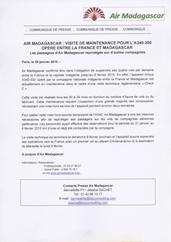 Air Madagascar : visite de maintenance pour l'A340-300 opère entre la France et Madagascar: Air Madagascar Press Release, 28 January 2015