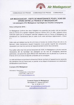 Air Madagascar : visite de maintenance pour l'A340-300 opère entre la France et Madagascar: Air Madagascar Press Release, 28 January 2015