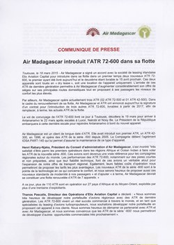 Air Madagascar introduit l'ATR 72-600 dans sa flotte: Air Madagascar Press Release, 18 March 2015