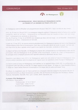 Air Madagascar : deux nouvelles fréquences entre la France et la Grande Ile pour l'été 2015: Air Madagascar Press Release, 25 March 2015
