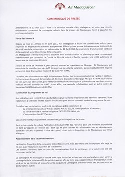 Air Madagascar: Communique de Presse: Air Madagascar Press Release, 13 May 2015
