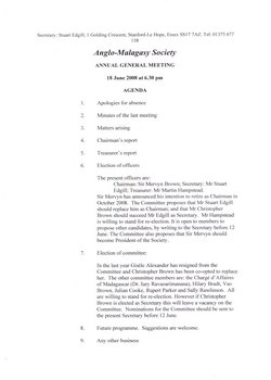 Anglo-Malagasy Society: Annual General Meeting 18 June 2008 at 6:30pm: Agenda