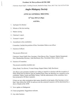 Anglo-Malagasy Society: Annual General Meeting 16th June 2010 at 6:30pm: Agenda