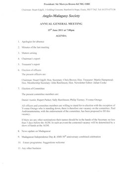 Anglo-Malagasy Society: Annual General Meeting 15 June 2011 at 7:00pm: Agenda