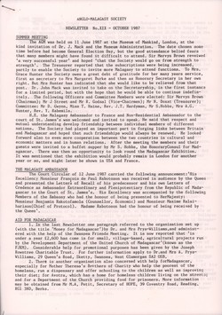 Anglo-Malagasy Society Newsletter: No. 19 (October 1987)