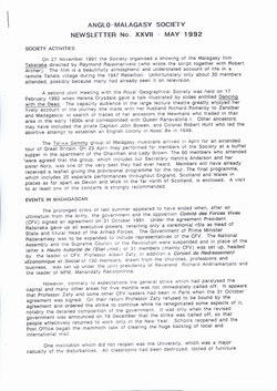 Anglo-Malagasy Society Newsletter: No. 27 (May 1992)