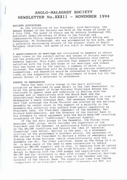 Anglo-Malagasy Society Newsletter: No. 32 (November 1994)