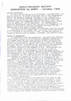 Anglo-Malagasy Society Newsletter: No. 36 (October 1996)