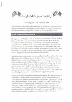 Anglo-Malagasy Society Newsletter: No. 62A: News Update (10th February 2009)