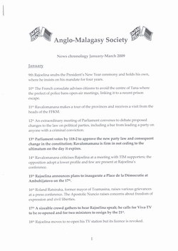 Anglo-Malagasy Society Newsletter: No. 62C: News Chronology (January-March 2009)