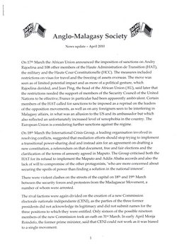 Anglo-Malagasy Society Newsletter: No. 67A: News Update (April 2010)