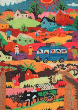 Embroidered tapestry depicting typical scenes of rural Malagasy life