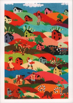 Embroidered tapestry depicting typical scenes of rural Malagasy life