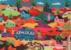 Embroidered tapestry depicting typical scenes of rural Malagasy life