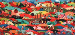 Embroidered tapestry depicting typical scenes of rural Malagasy life