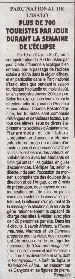 Parc National de l'Isalo: Plus de 700 touristes par jour durant la semaine de l'éclipse: L'Express de Madagascar, jeudi 28 juin 2001