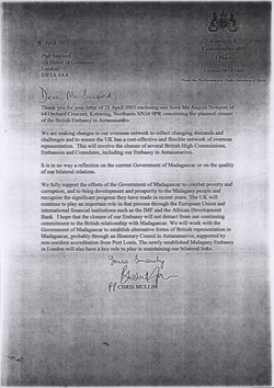 British Foreign & Commonwealth Office response regarding closure of the UK embassy in Madagascar: Letter from the Parliamentary Under Secretary of State, April 2005