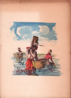 Watercolour scene of Malagasy women fishing with baskets
