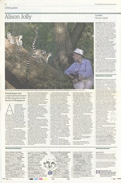 Obituaries: Alison Jolly: Primatologist and conservationist known for her research on the lemurs of Madagascar