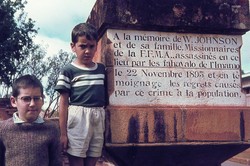 Monument to Quaker FFMA missionary William Johnson, murdered with his family in 1895: Pictured with Stephen and Jeremy Langford, Arivonimamo