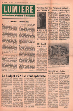 Lumière: Hebdomadaire d'Information de Madagascar: No. 1802 – Dimanche 29 Novembre 1970