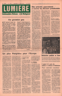 Lumière: Hebdomadaire d'Information de Madagascar: No. 1868 – Dimanche 12 Mars 1972