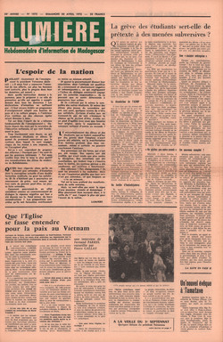 Lumière: Hebdomadaire d'Information de Madagascar: No. 1875 – Dimanche 30 Avril 1972