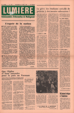 Lumière: Hebdomadaire d'Information de Madagascar: No. 1875 – Dimanche 30 Avril 1972