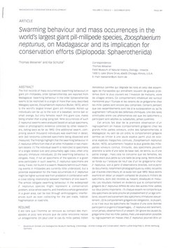 Swarming behaviour and mass occurrences in the world's largest giant pill-millipede species, Zoosphaerium neptunus, on Madagascar and its implication for conservation efforts (Diplopoda: Sphaerotheriida)