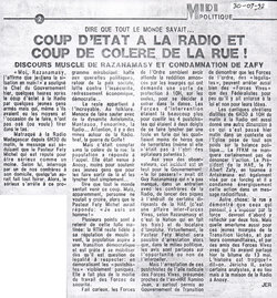 Dire que tout le monde savait… Coup d'état à la radio et coup de colère de la rue!: Midi Madagasikara, 30 juillet 1992